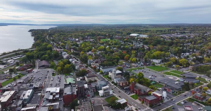 Geneva, NY, USA - October 17, 2025:  Aerial video over Seneca Lake and the City of Geneva New York
