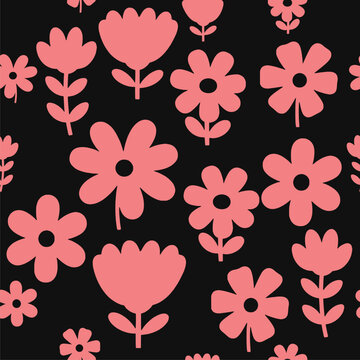 Red Floral Seamless Pattern with Simple Modern Flowers