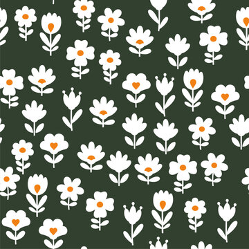 Dark Green Floral Seamless Pattern with White Daisy Flowers