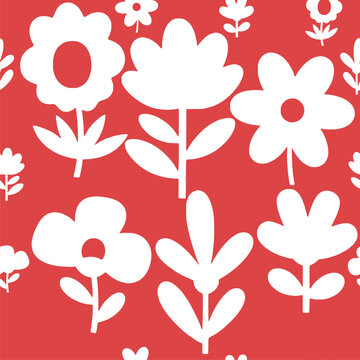 Red and White Floral Seamless Pattern with Bold Flower Shapes