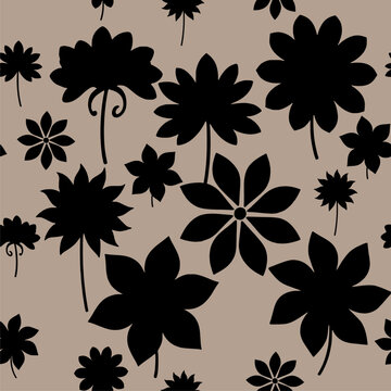 Brown and Black Floral Seamless Pattern with Large Blooms