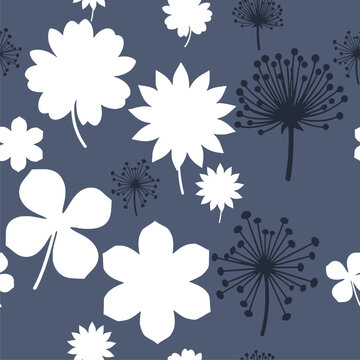 Blue and White Floral Seamless Pattern with Botanical Flowers