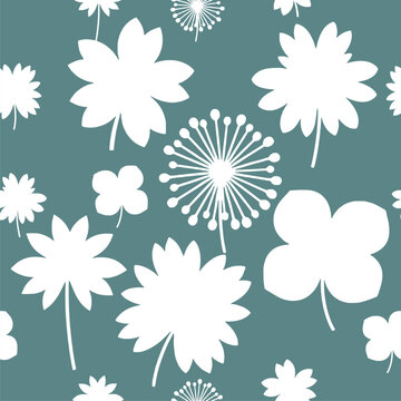 Light Blue Floral Seamless Pattern with White Botanical Shapes