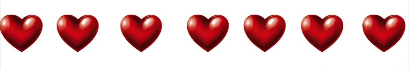 Six glossy red hearts in a horizontal row