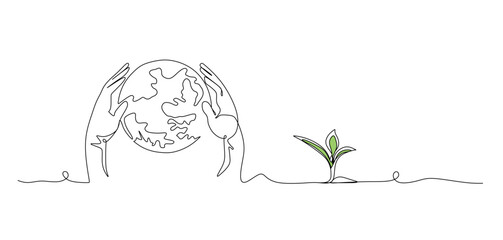 World environment day minimalist vector background with earth in hands and plant. One continuous line drawing. 