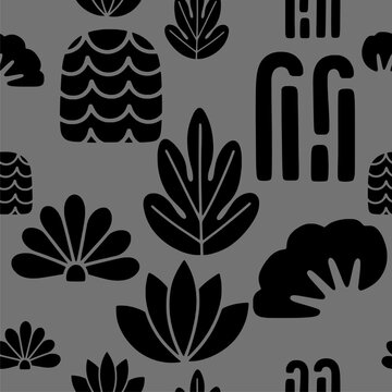 Black and Gray Abstract Botanical Seamless Pattern