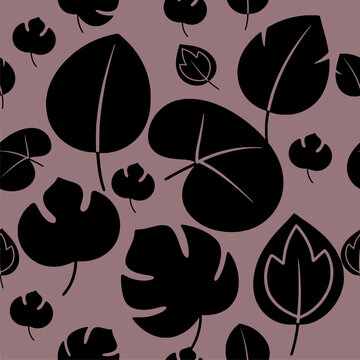 Brown and Black Botanical Seamless Pattern with Large Leaves