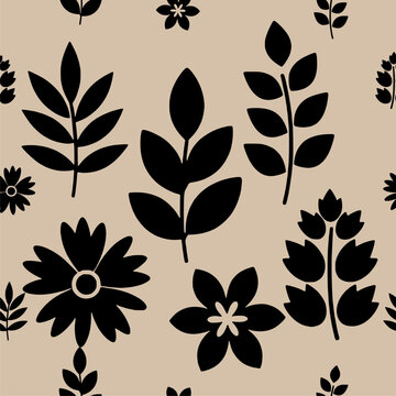 Beige and Black Floral Seamless Pattern with Decorative Flowers