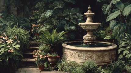 Moody Oil Painting of a Victorian Garden: Muted Colors, Decorative Ornaments, and Lush Plant Growth in the Victorian Era