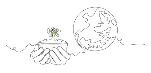 World environment day minimalist vector background with earth in hands and plant. One continuous line drawing. 