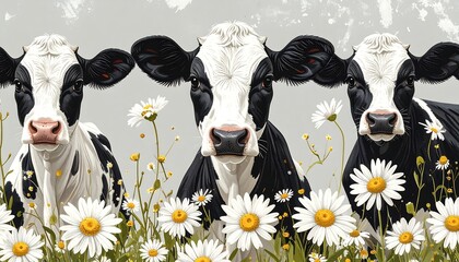 Three black and white cows standing in a field of daisies