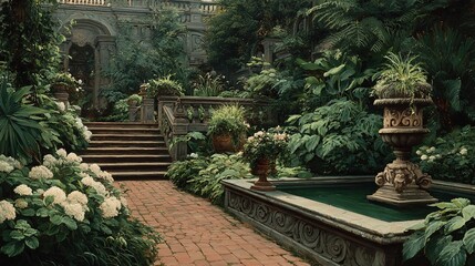 Moody Oil Painting of a Victorian Garden: Muted Colors, Decorative Ornaments, and Lush Plant Growth in the Victorian Era