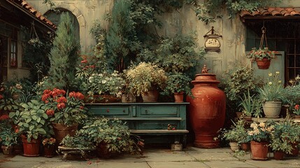 Moody Oil Painting of a Victorian Garden: Muted Colors, Decorative Ornaments, and Lush Plant Growth in the Victorian Era