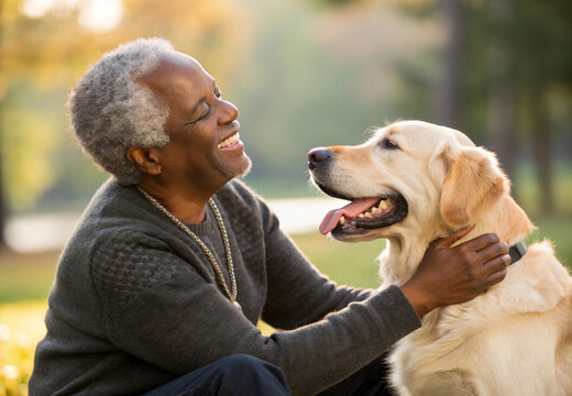 Senior black man cuddeling with her dog
