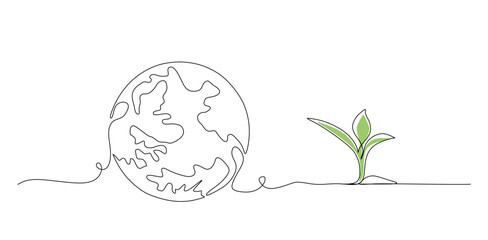 World environment day minimalist vector background with earth in hands and plant. One continuous line drawing. 