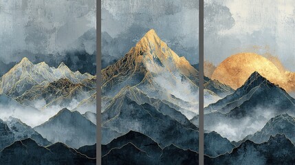 Mountain Canvas Art Print: Triptych Wall Art Vector, China Poster, Watercolor Landscape, Floating Mountains with Golden Line Art Design for Home Decor, Office Art and Wallpaper