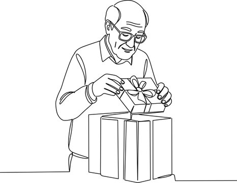 Elderly man unwrapping gift box with joy in line vector style  