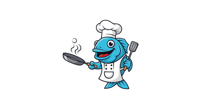 A cheerful blue fish wearing a chef's hat and apron holds a frying pan and spatula ready to cook a delicious meal.