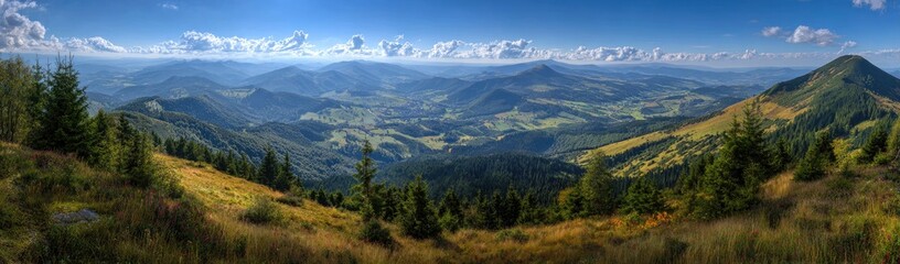 Obraz premium Panoramic mountain vista, featuring valleys, forests, and rolling hills under a clear sky