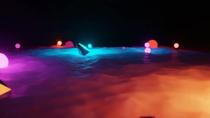 Vivid neon-lit landscape with glowing geometric shapes and surreal atmosphere - Powered by Adobe