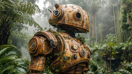 Robot Statue in a Lush Green Jungle, High Resolution Picture