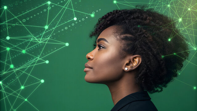 Black woman female IT specialist face with artificial intelligence green virtual code. ai illustration. - Powered by Adobe