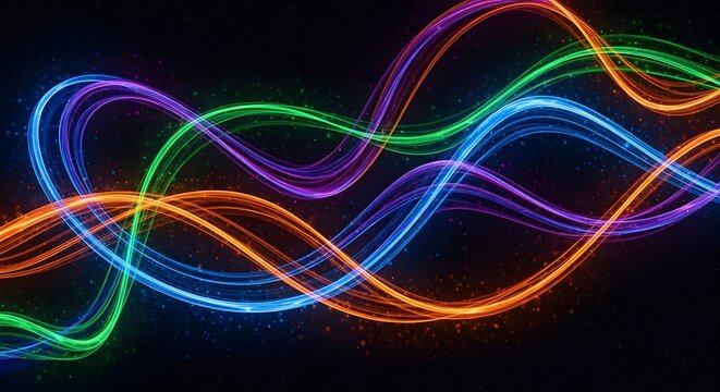 Abstract neon light trails on black background for dynamic design elements