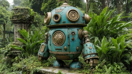 Robot Statue in a Lush Green Jungle, High Resolution Picture