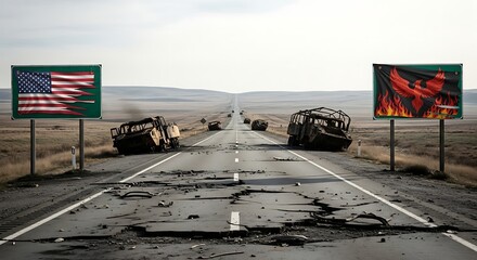 Post-apocalyptic highway with wrecked vehicles, cracked road, and torn flags destruction