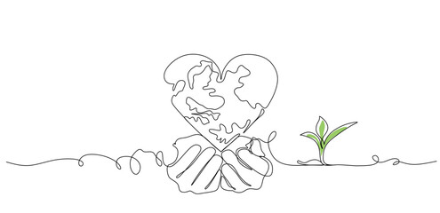 World environment day minimalist vector background with earth in hands and plant. One continuous line drawing. 