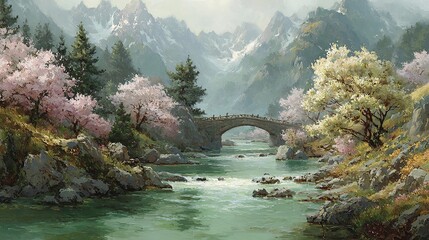 Serene Landscape Painting of Misty Mountains, Flowing River, Arch Bridge, and Blossoming Trees in Gold and White Hues