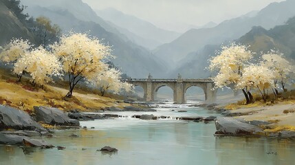Serene Landscape Painting of Misty Mountains, Flowing River, Arch Bridge, and Blossoming Trees in Gold and White Hues