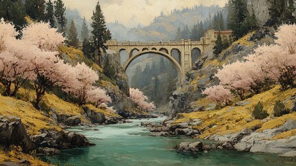 Serene Landscape Painting of Misty Mountains, Flowing River, Arch Bridge, and Blossoming Trees in Gold and White Hues