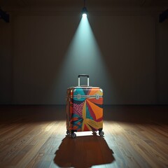 Colorful designer suitcase in a spotlight in a large dark room