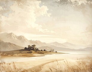 A scenic, artistic landscape depicting a serene day. Rolling hills meet a lake beneath a cloudy sky, with hints of grass in the foreground