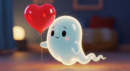 An adorable, glowing, 3D cartoon ghost with a shy blush floats indoors, holding a glossy red heart-shaped balloon on a string, in a cozy, dimly lit setting.