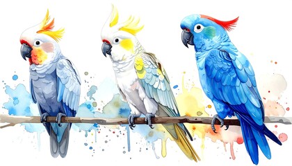 Watercolor painting of three colorful parrots perched on a branch