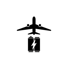 an icon combining an airplane and a lithium battery with electricity on the white background