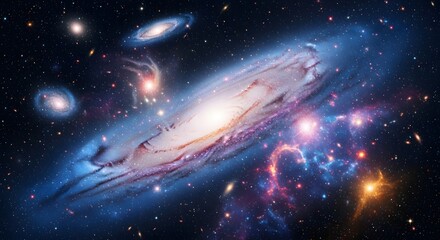 Cosmic vista showcasing galaxies against a star filled celestial backdrop