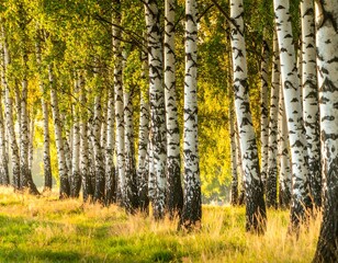 Fototapeta premium A scenic woodland of white-barked trees, their vibrant green foliage filtering sunlight. Grassy undergrowth