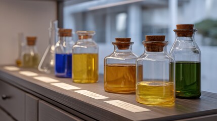 Antique Glassware Display in Museum Laboratory Showcasing Colorful Liquid Samples