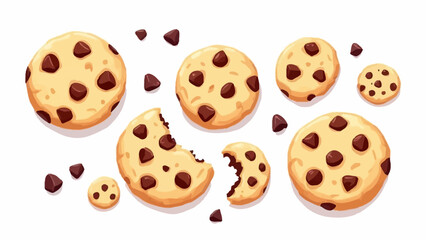 Flat vector illustration of chocolate chip cookies in minimal clean design with chocolate chips on white background
