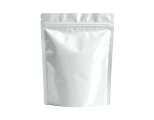 A standing, sealed, white pouch with a zipper closure, against a black background
