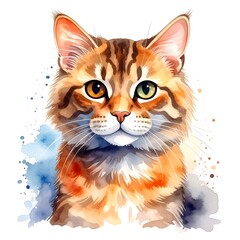 Watercolor portrait of a fluffy, multi-colored feline looking forward