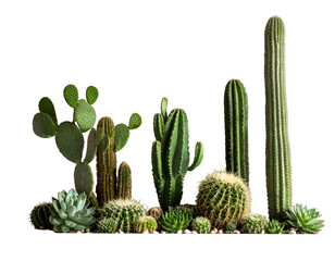 A cluster of various cacti and succulents on a bed of tiny white pebbles