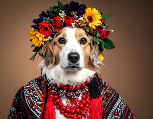 A dog wearing traditional flower crown and attire