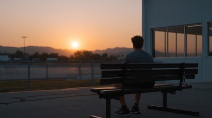 Weightlifter Sitting on Bench Enjoying Sunrise at Open-Air Pavilion with Scenic View