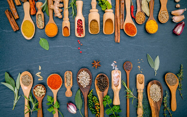 Various of spices and herbs in wooden spoons. Flat lay of spices ingredients chilli ,pepper corn, garlic, thyme, oregano, cinnamon, star anise, nutmeg, mace, sage and parsley on the black stone.