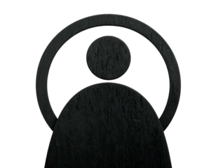 Silhouette of a dark figure with a circular halo and head shape on black