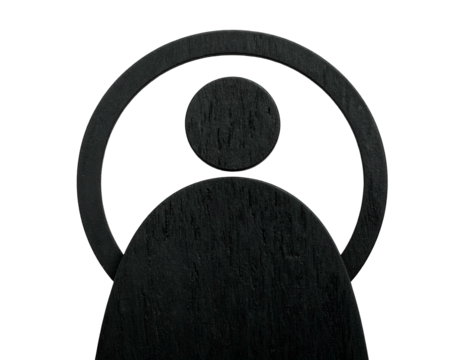 Silhouette of a dark figure with a circular halo and head shape on black